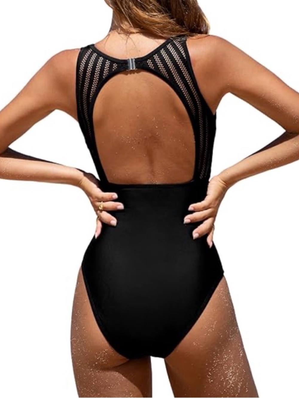 Cupshe NWT Black Mesh Open Back One Piece Swimsuit Size S Orig $40